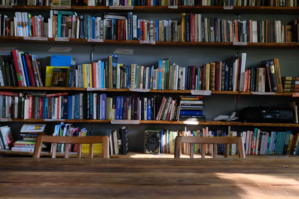 Estantes de livros iluminadas pela luz natural.