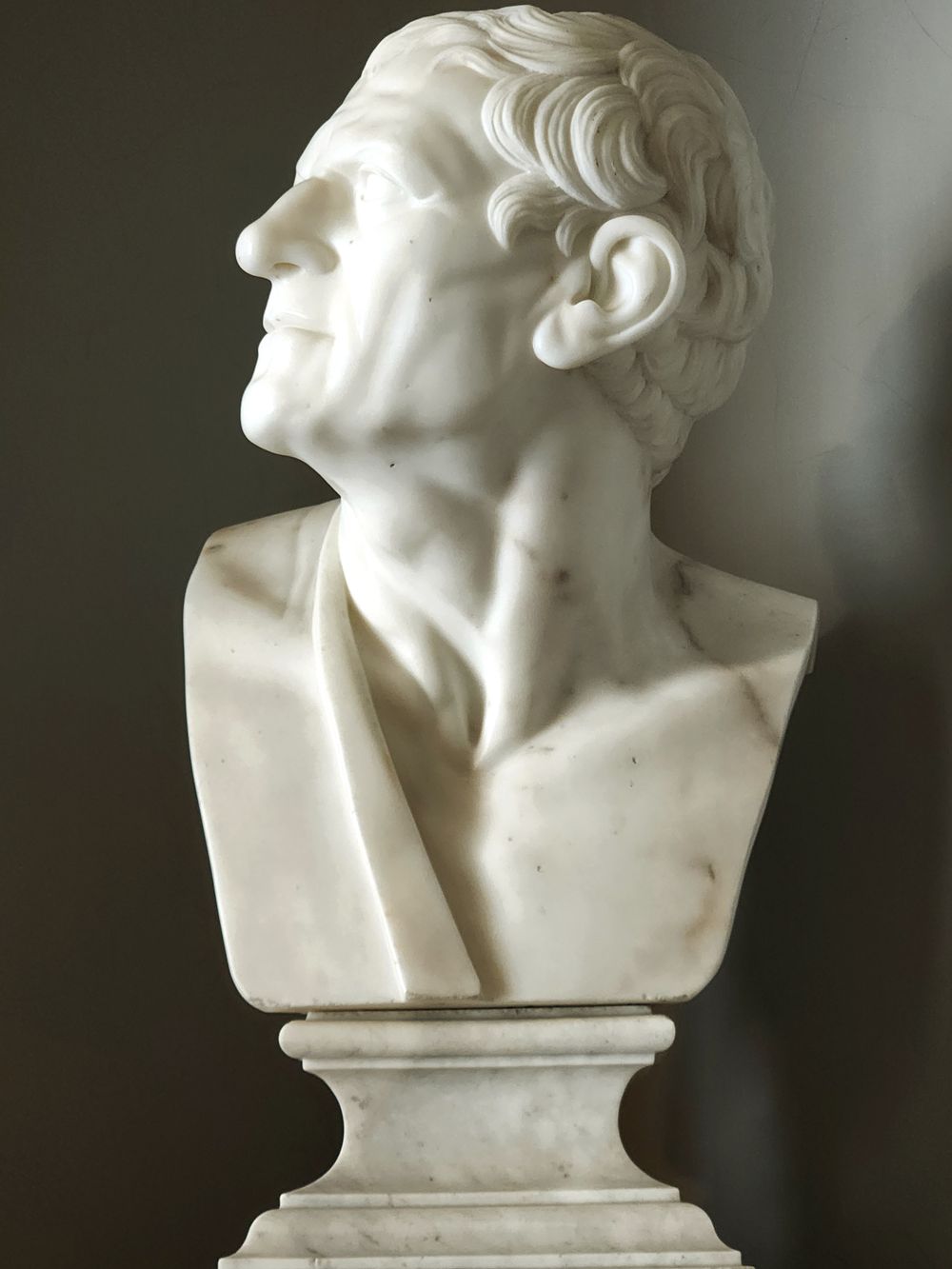 Busto clássico de mármore em perfil.